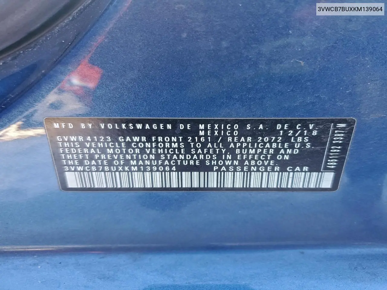 3VWCB7BUXKM139064 2019 Volkswagen Jetta S