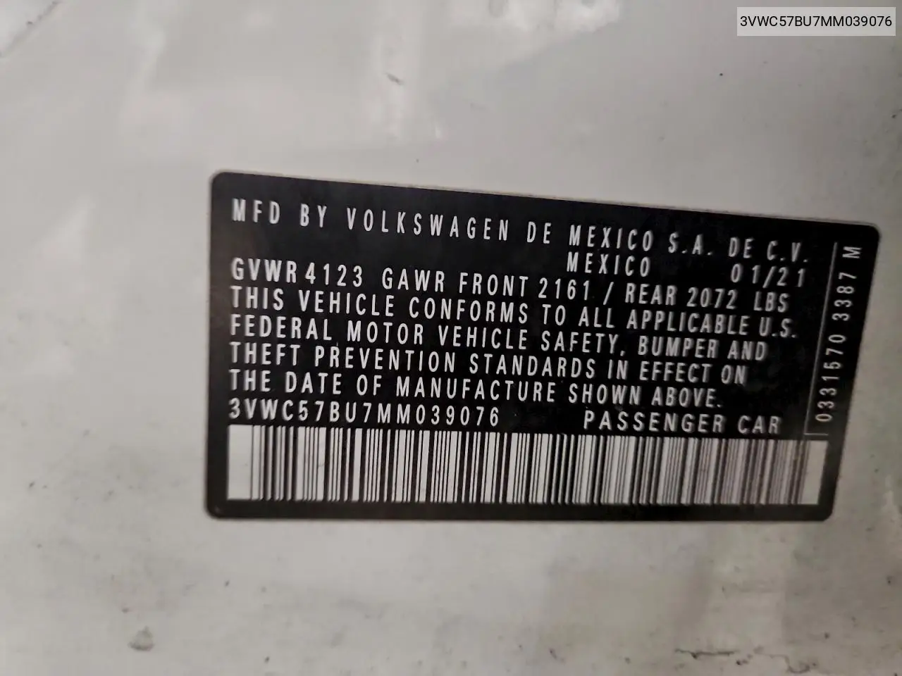 3VWC57BU7MM039076 2021 Volkswagen Jetta S