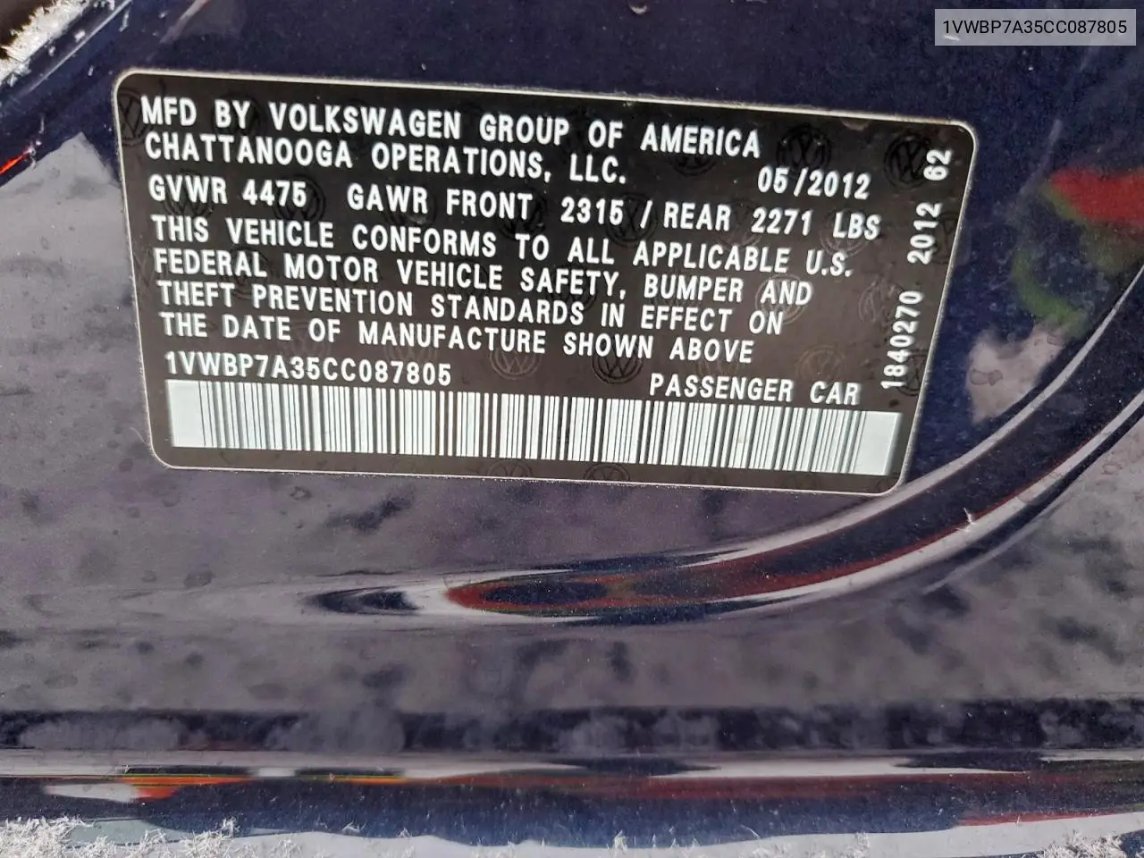 1VWBP7A35CC087805 2012 Volkswagen Passat Se