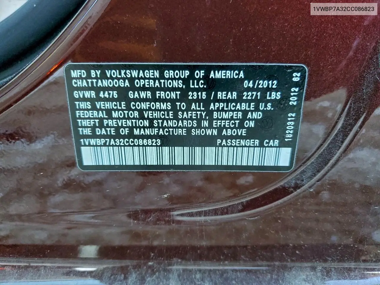 1VWBP7A32CC086823 2012 Volkswagen Passat Se