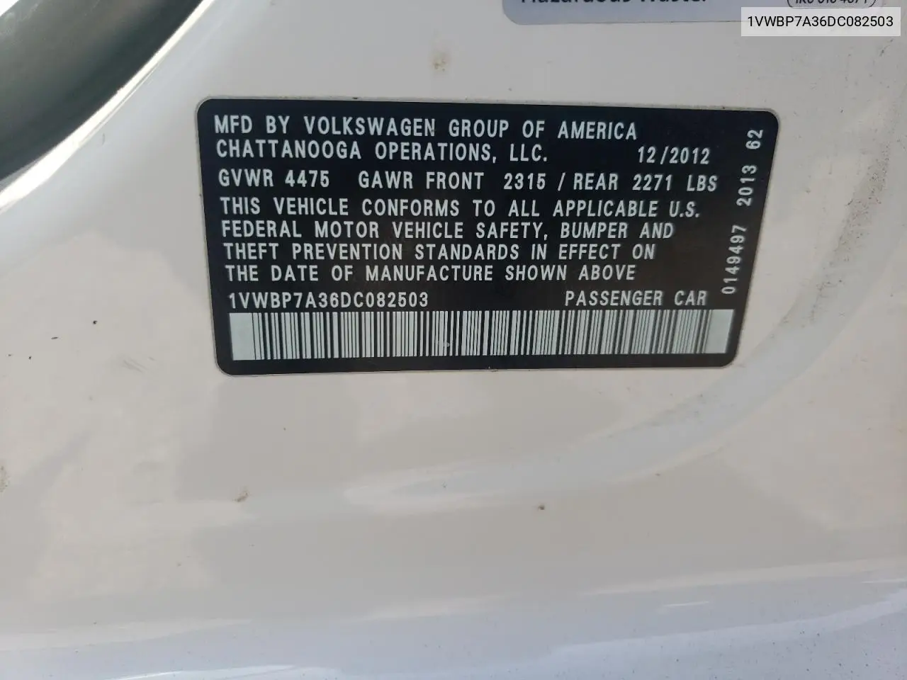 1VWBP7A36DC082503 2013 Volkswagen Passat Se