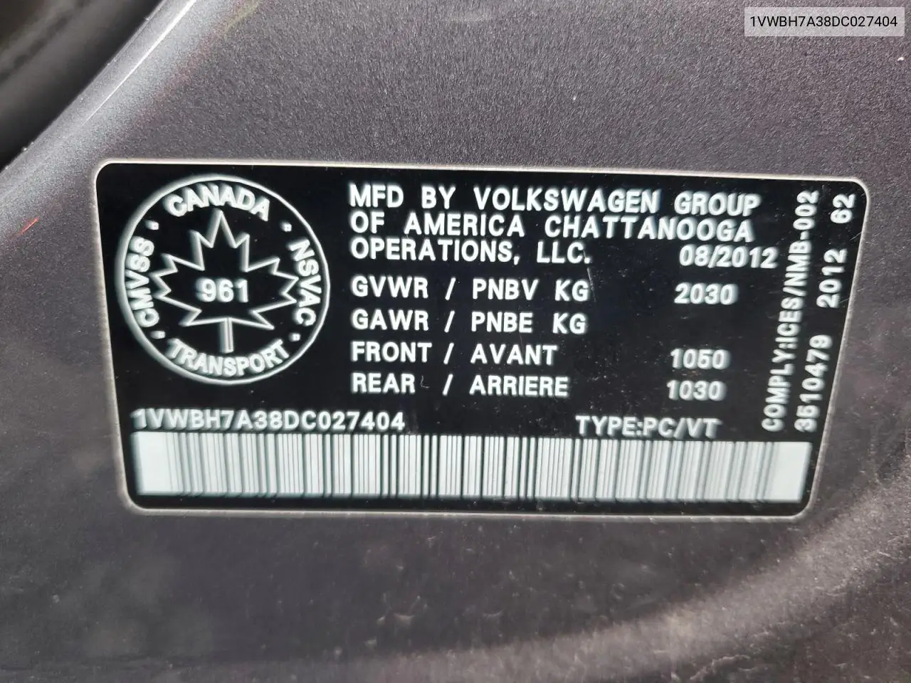 1VWBH7A38DC027404 2013 Volkswagen Passat Se