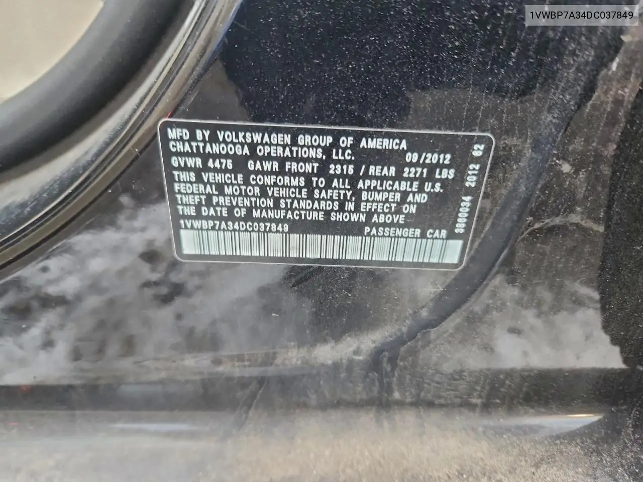 1VWBP7A34DC037849 2013 Volkswagen Passat Se
