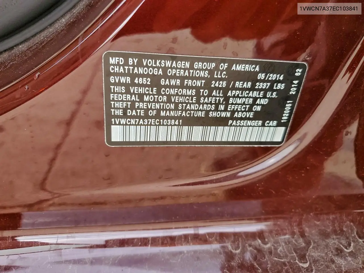 1VWCN7A37EC103841 2014 Volkswagen Passat Sel