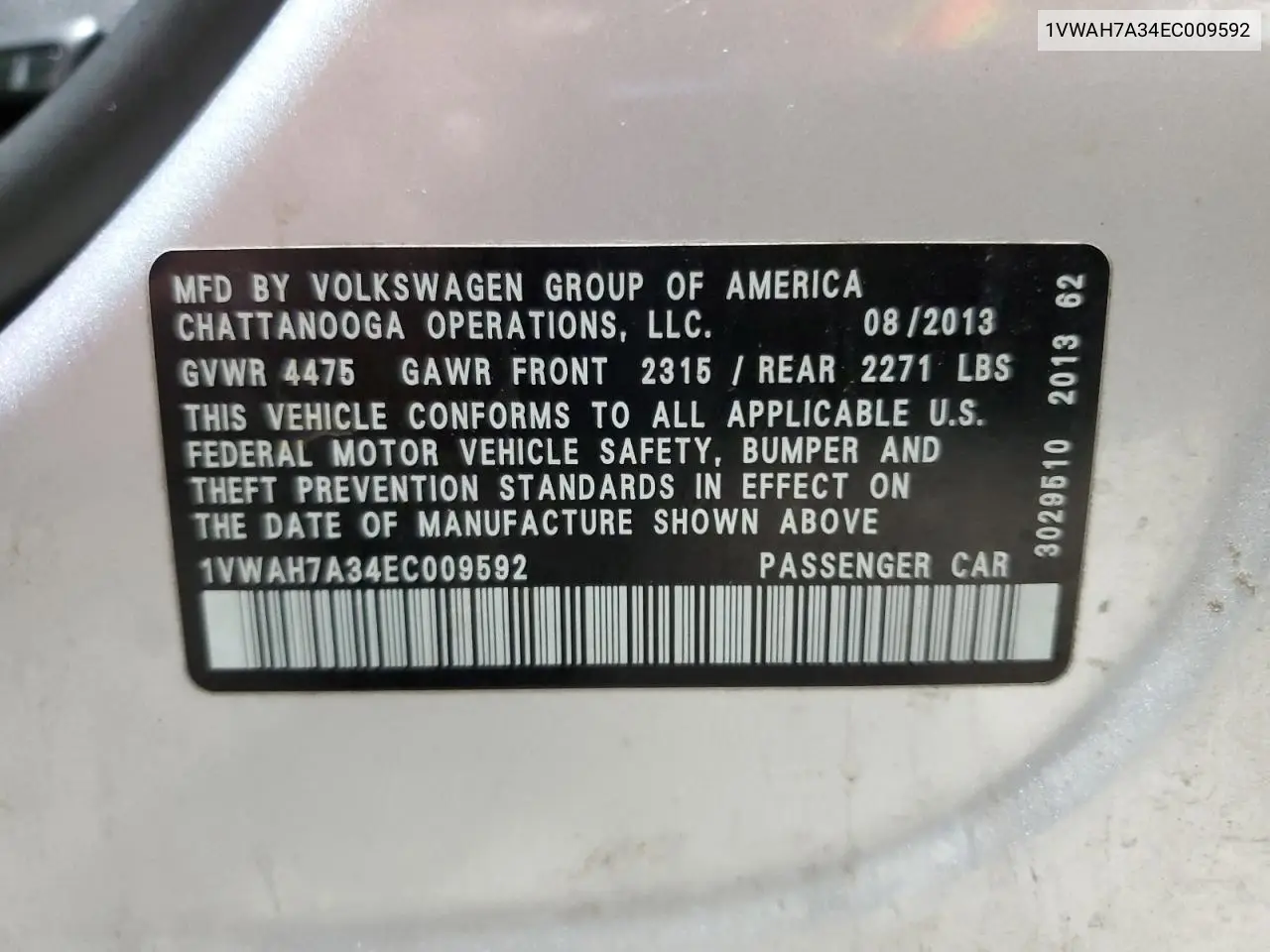 1VWAH7A34EC009592 2014 Volkswagen Passat S