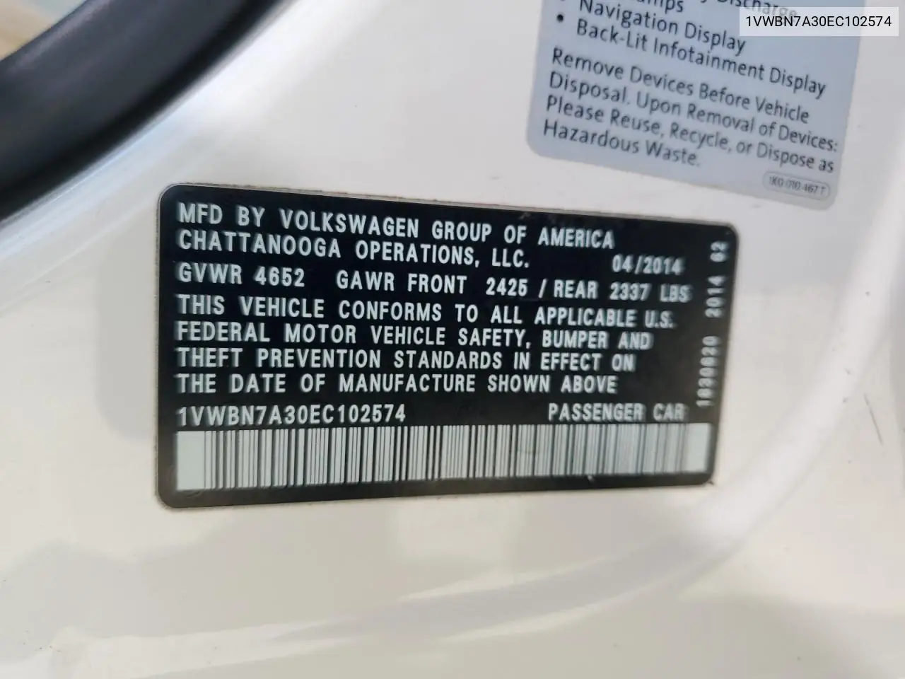 1VWBN7A30EC102574 2014 Volkswagen Passat Se