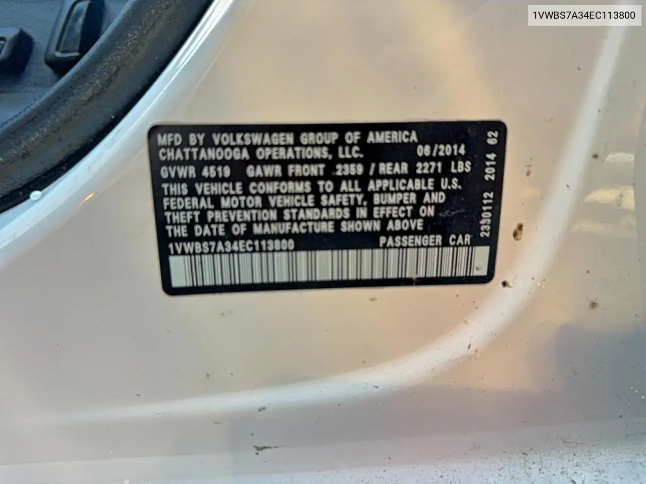 1VWBS7A34EC113800 2014 Volkswagen Passat Se