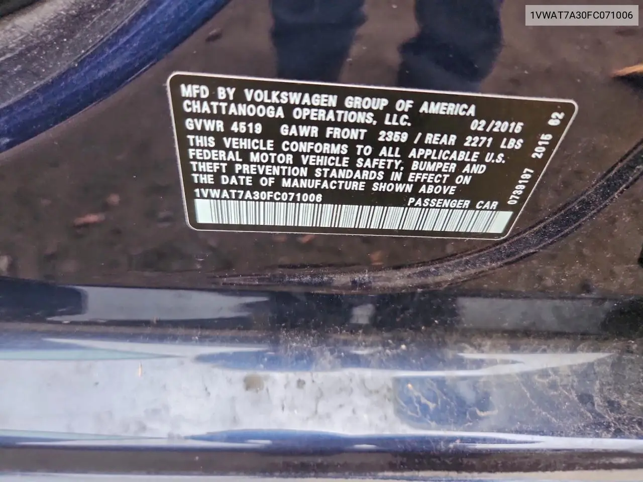 1VWAT7A30FC071006 2015 Volkswagen Passat S