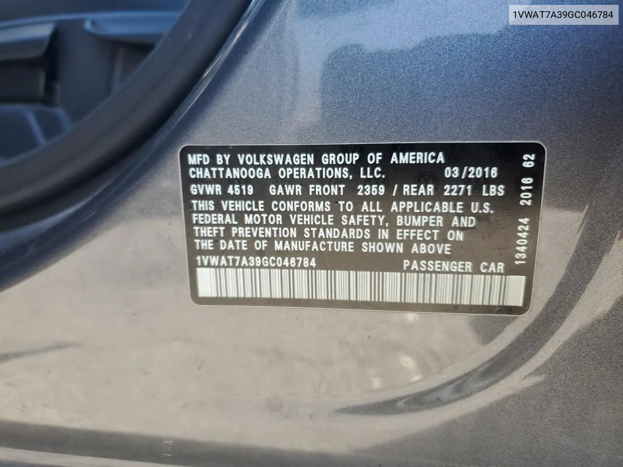 1VWAT7A39GC046784 2016 Volkswagen Passat S