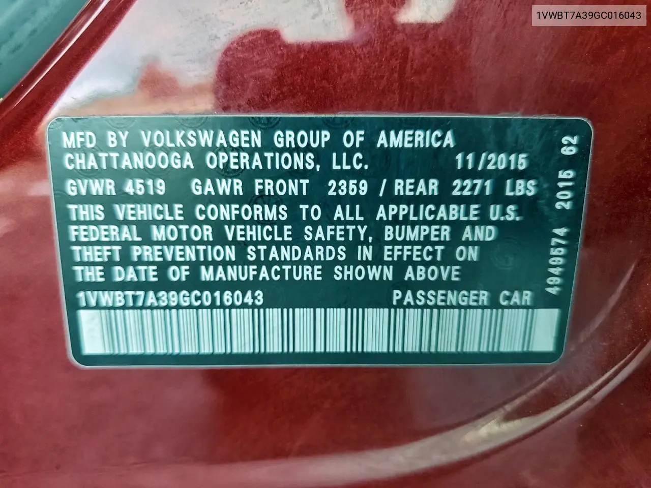 1VWBT7A39GC016043 2016 Volkswagen Passat Se