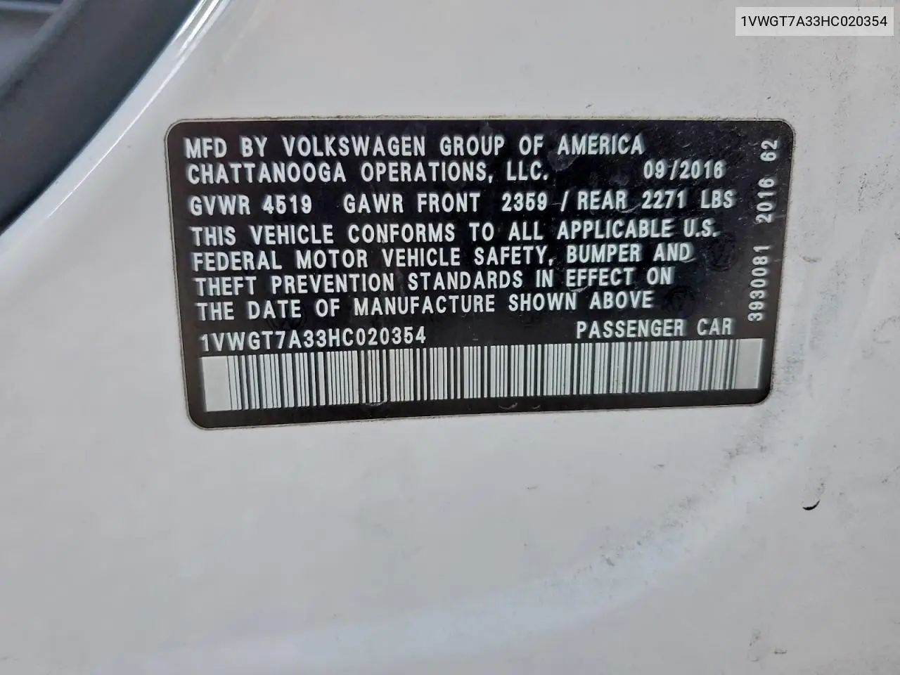 1VWGT7A33HC020354 2017 Volkswagen Passat Se