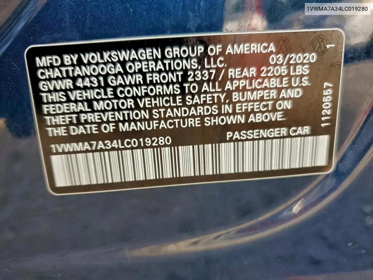 1VWMA7A34LC019280 2020 Volkswagen Passat R-Line
