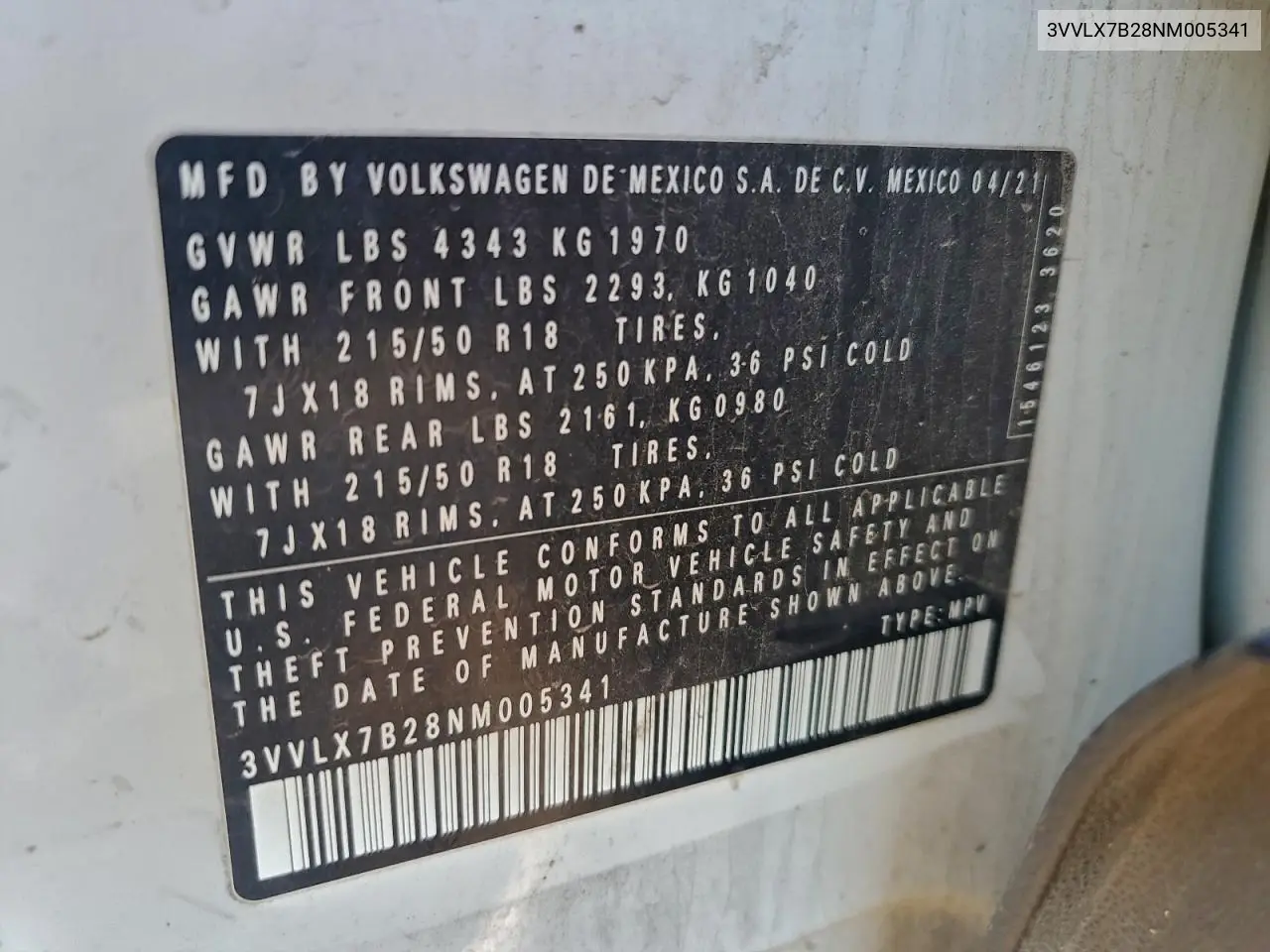 3VVLX7B28NM005341 2022 Volkswagen Taos Se Iq Drive