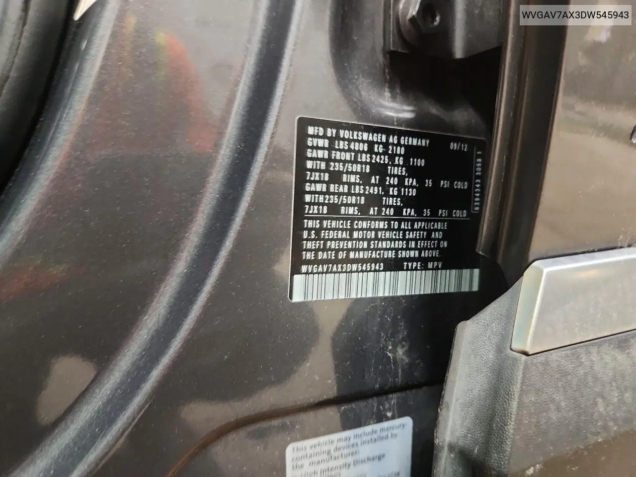 WVGAV7AX3DW545943 2013 Volkswagen Tiguan S