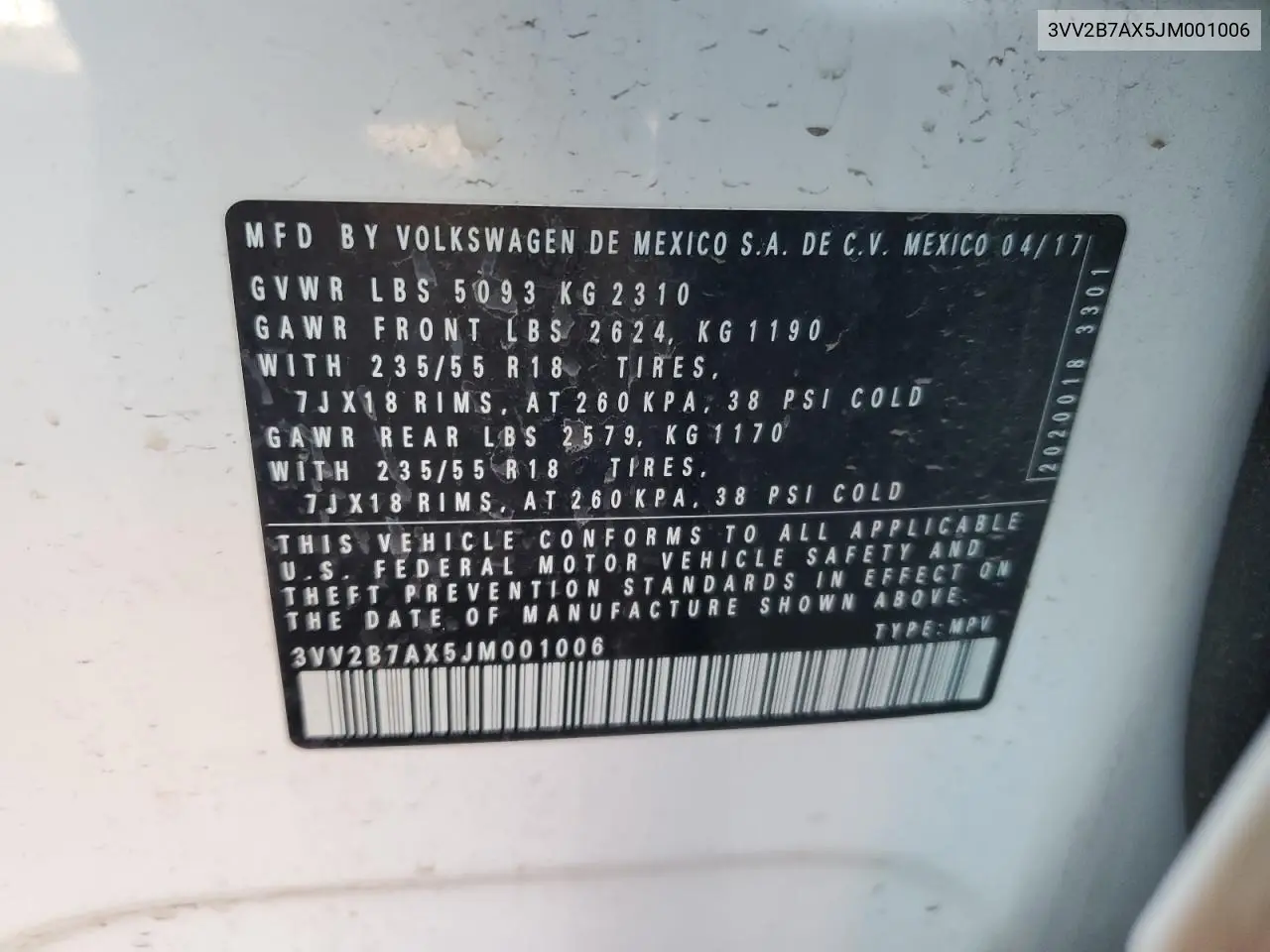 3VV2B7AX5JM001006 2018 Volkswagen Tiguan Se