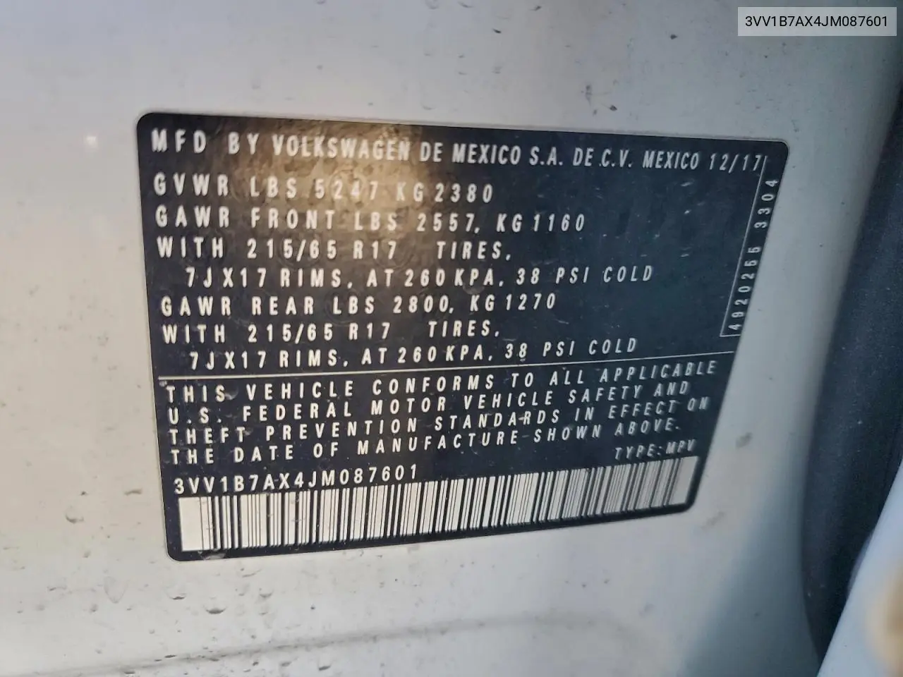 3VV1B7AX4JM087601 2018 Volkswagen Tiguan S