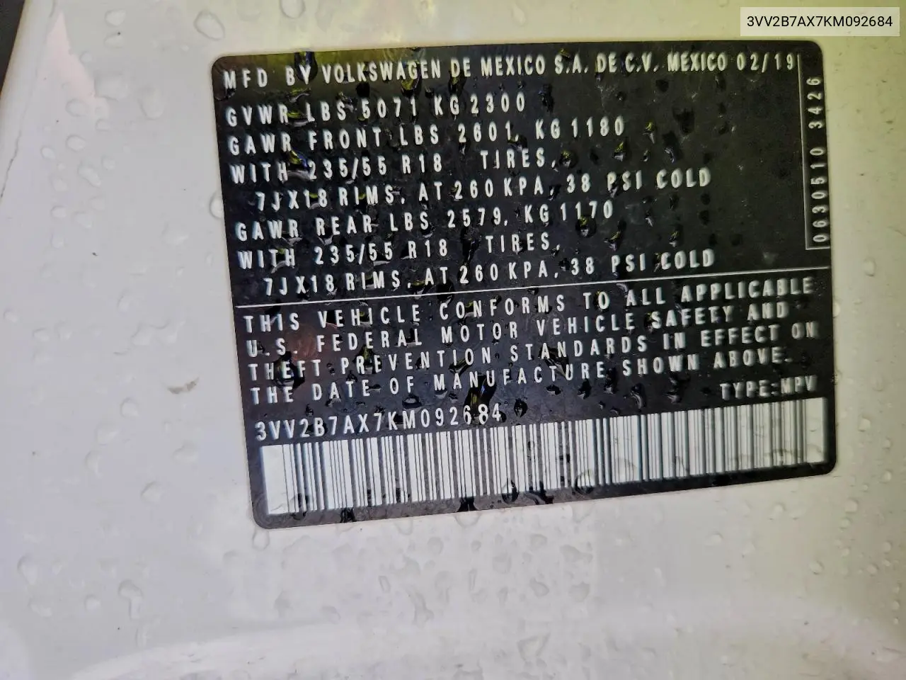 3VV2B7AX7KM092684 2019 Volkswagen Tiguan Se