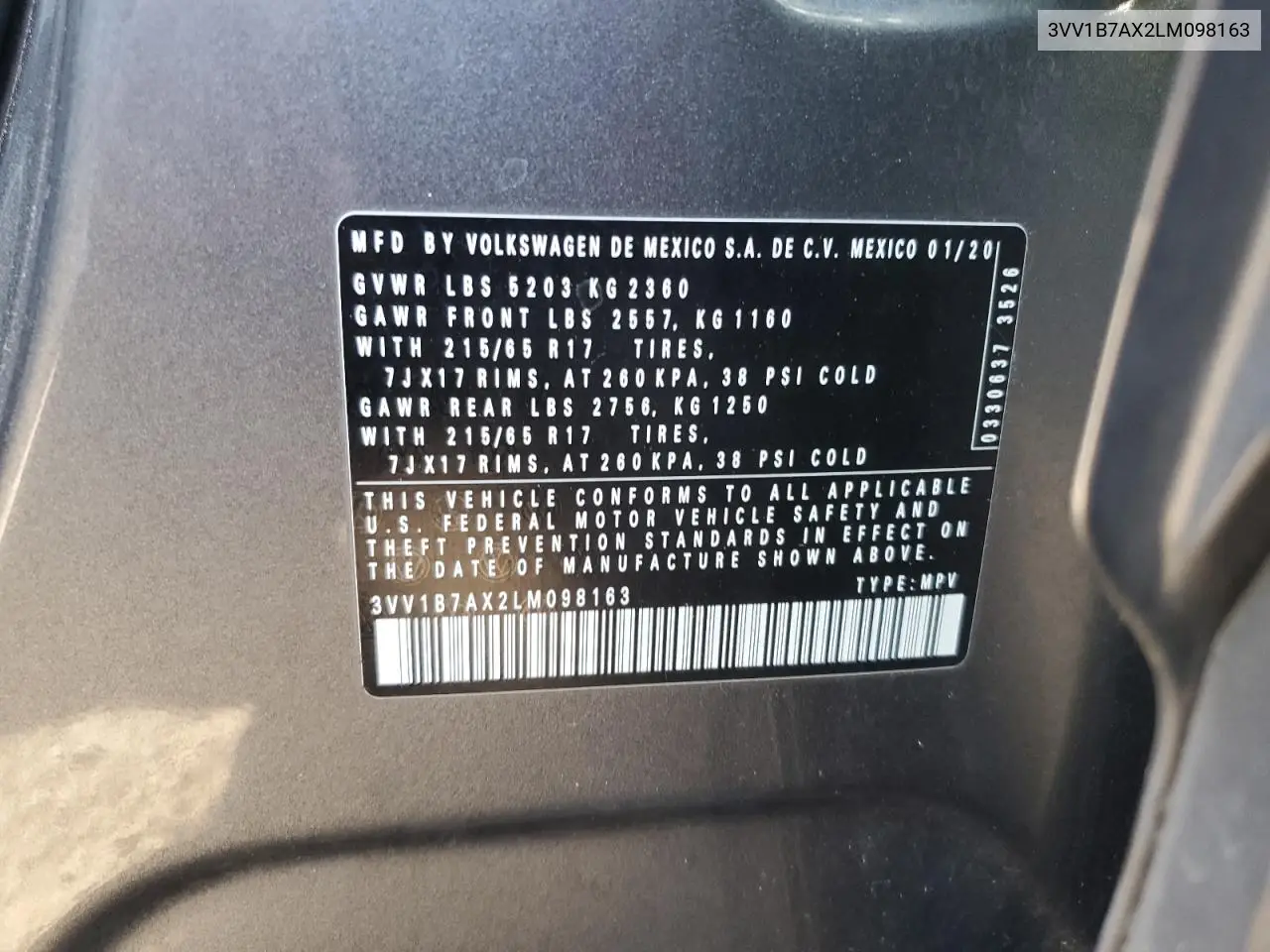 3VV1B7AX2LM098163 2020 Volkswagen Tiguan S