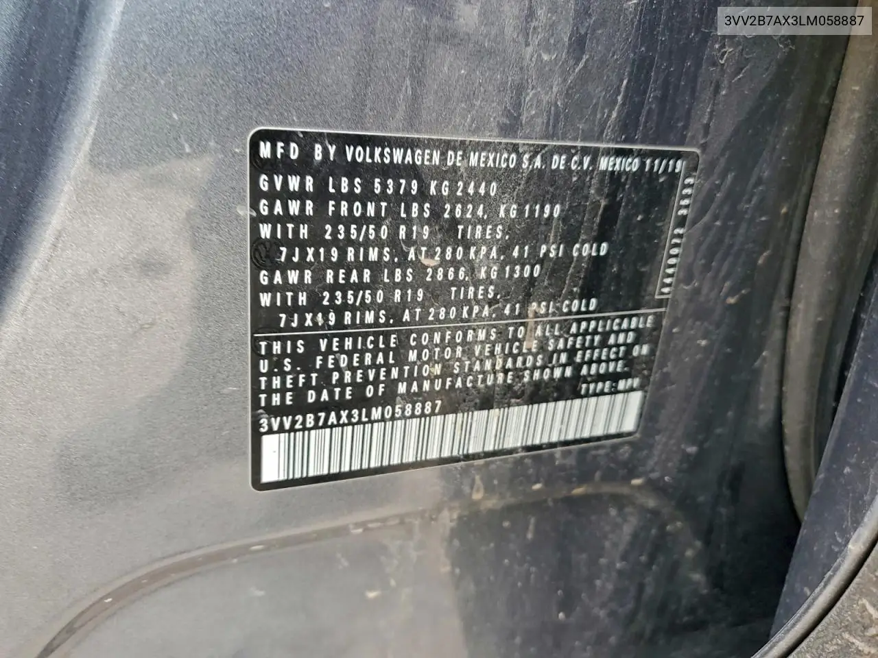 3VV2B7AX3LM058887 2020 Volkswagen Tiguan Se