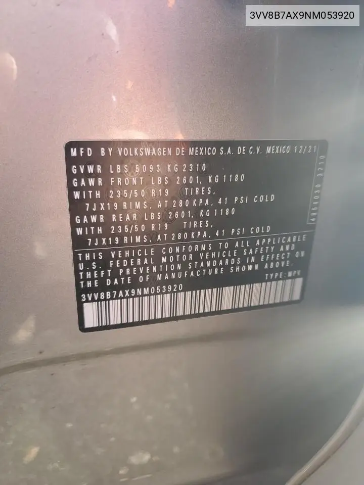 3VV8B7AX9NM053920 2022 Volkswagen Tiguan Se R-Line Black