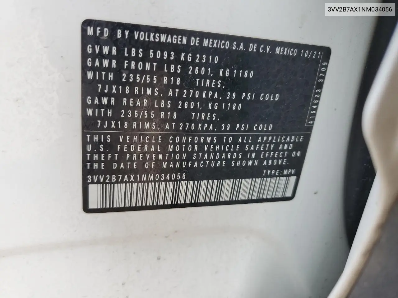 3VV2B7AX1NM034056 2022 Volkswagen Tiguan Se