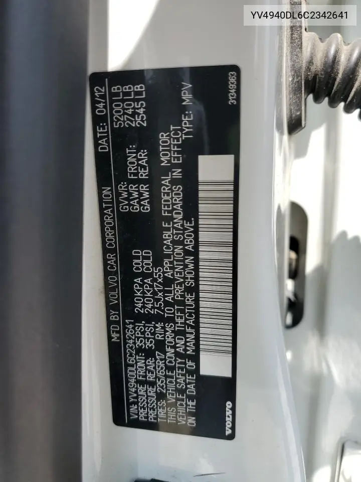 YV4940DL6C2342641 2012 Volvo Xc60 3.2