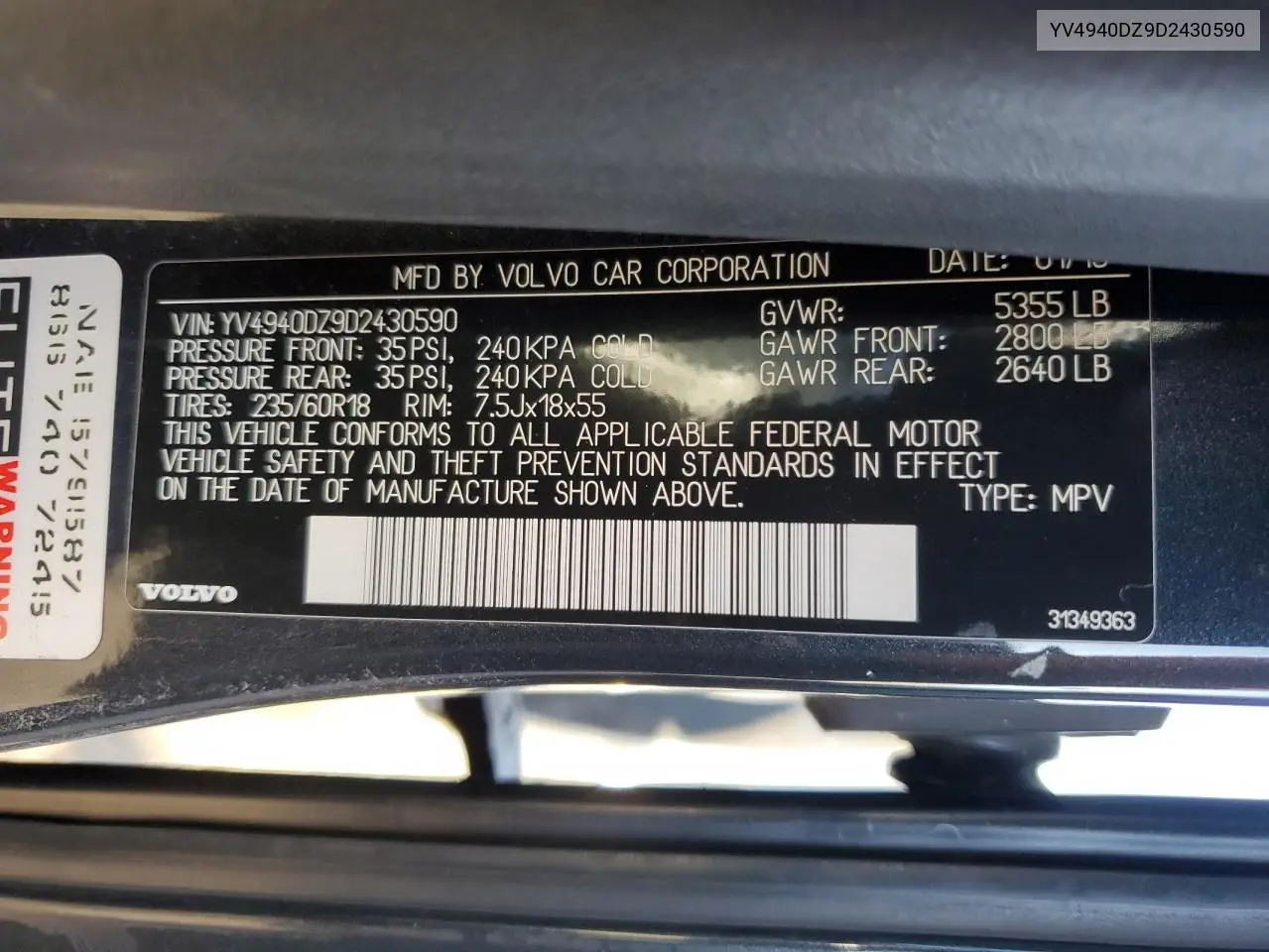 YV4940DZ9D2430590 2013 Volvo Xc60 3.2