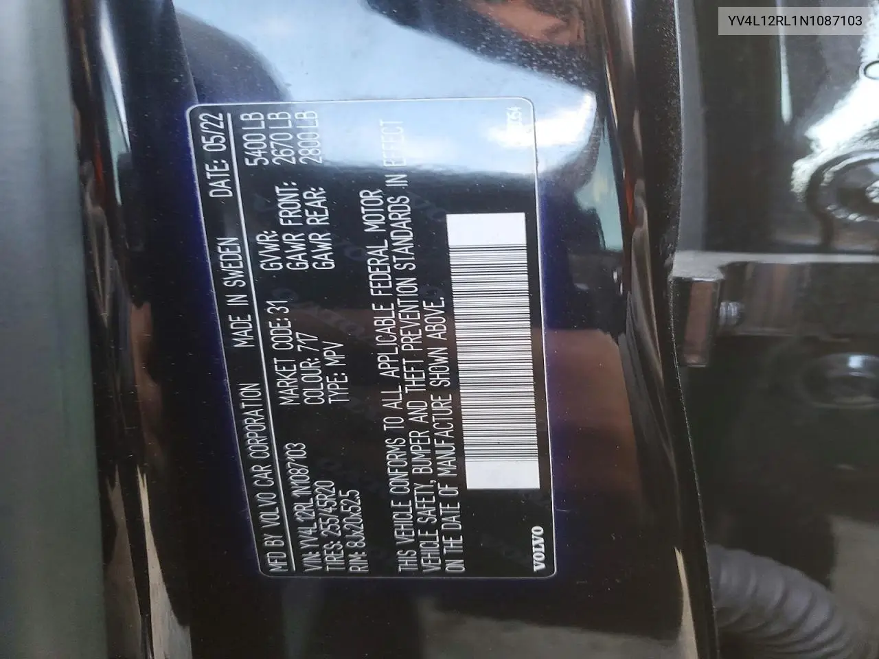 YV4L12RL1N1087103 2022 Volvo Xc60 B5 Inscription