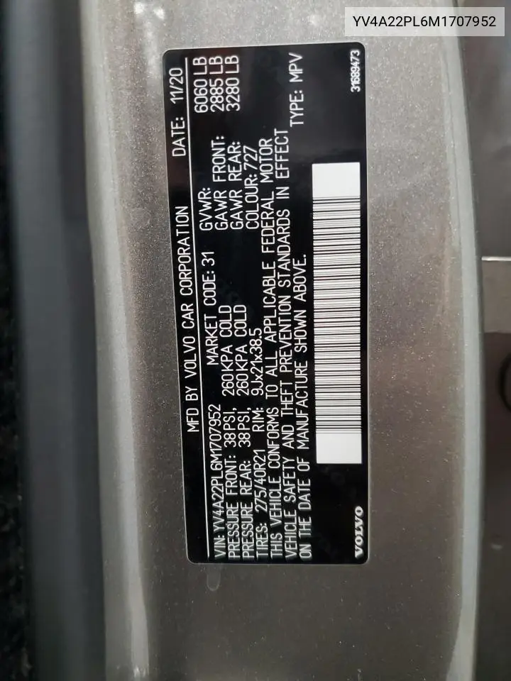 YV4A22PL6M1707952 2021 Volvo Xc90 T6 Inscription