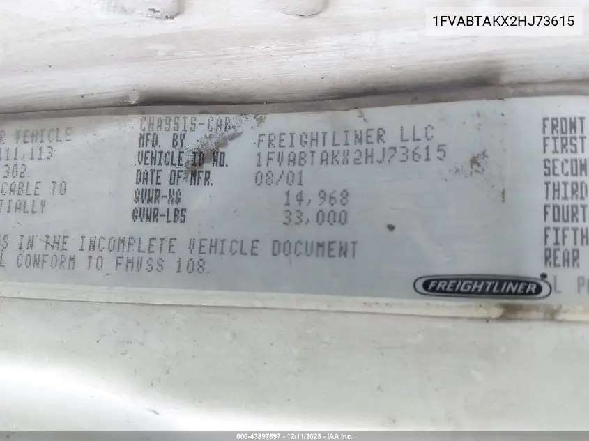 2002 Freightliner Medium Conventional Fl70 VIN: 1FVABTAKX2HJ73615 Lot: 43897697