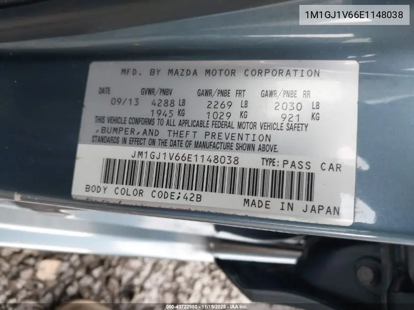 1M1GJ1V66E1148038 2014 Mazd 6 I Touring Automati