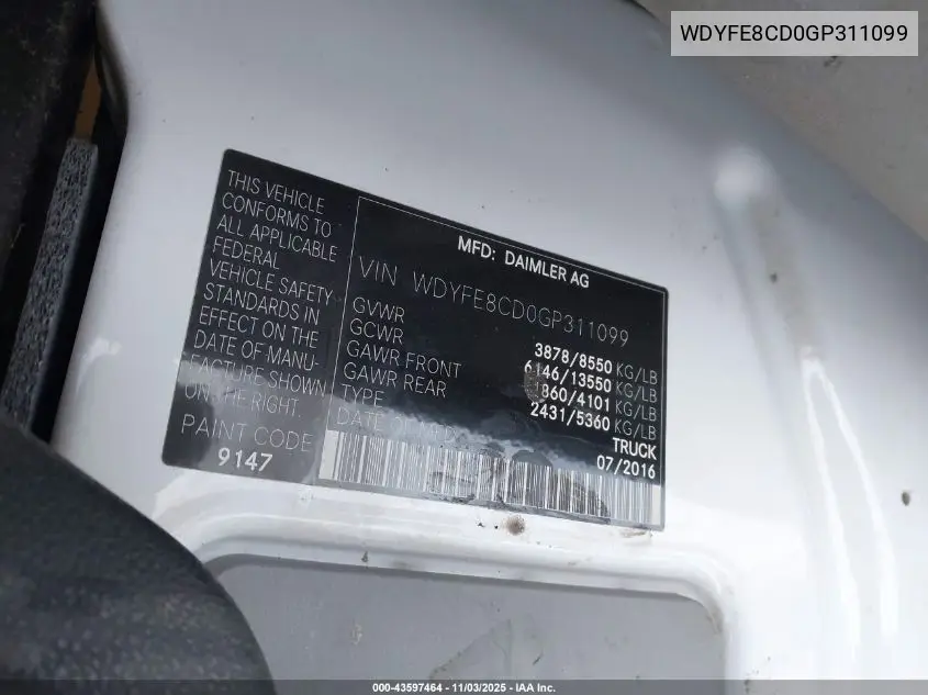 WDYFE8CD0GP311099 2016 Freightliner Sprinter 2500 High Roof