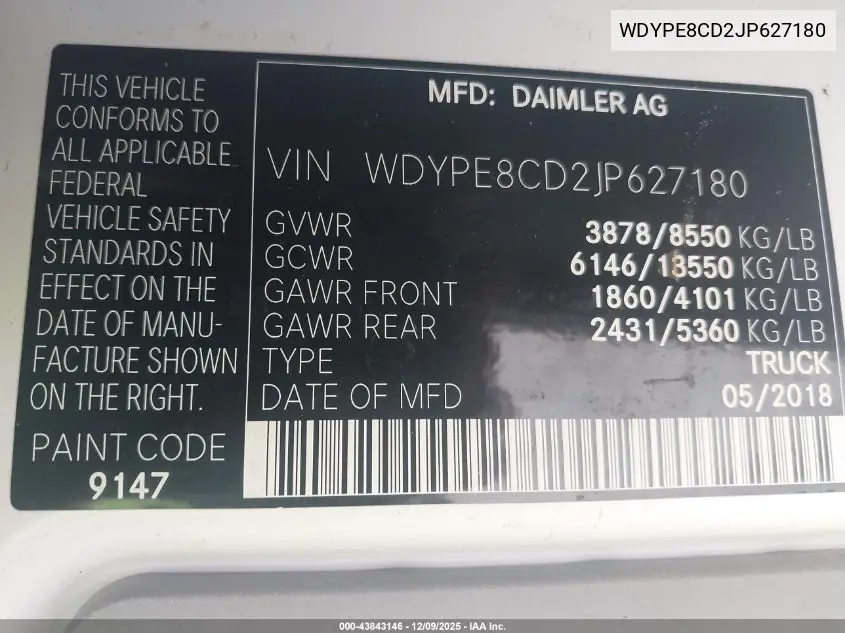 WDYPE8CD2JP627180 2018 Freightliner Sprinter 2500 High Roof V6