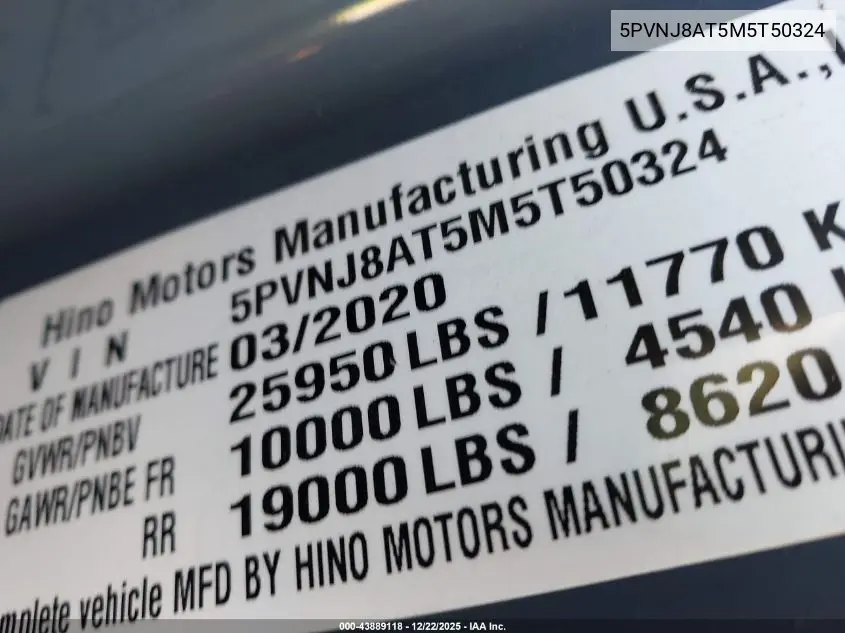 2021 Hino 238/258/268 VIN: 5PVNJ8AT5M5T50324 Lot: 43889118