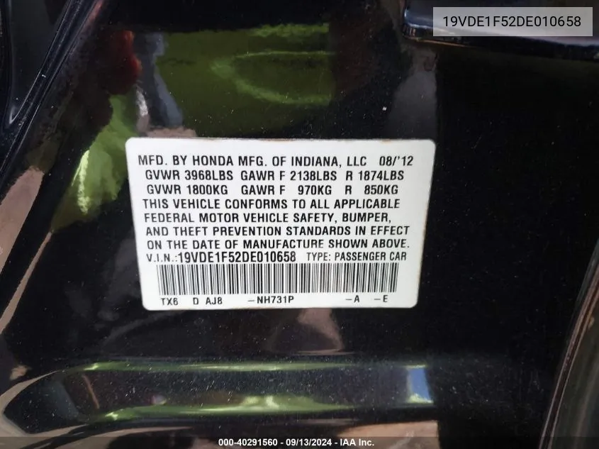 19VDE1F52DE010658 2013 Acura Ilx 2.0L