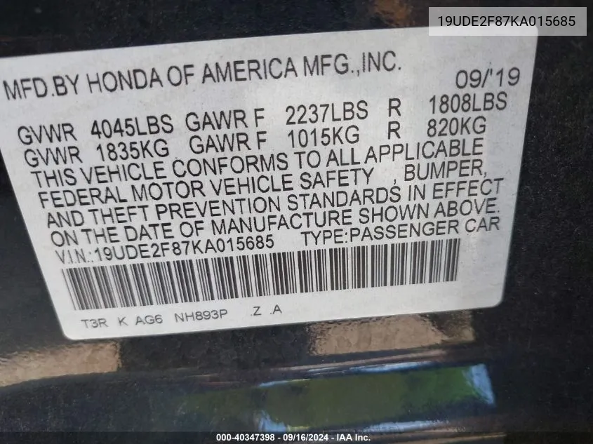 19UDE2F87KA015685 2019 Acura Ilx Premium A-Spec Packages/Technology A-Spec Packages