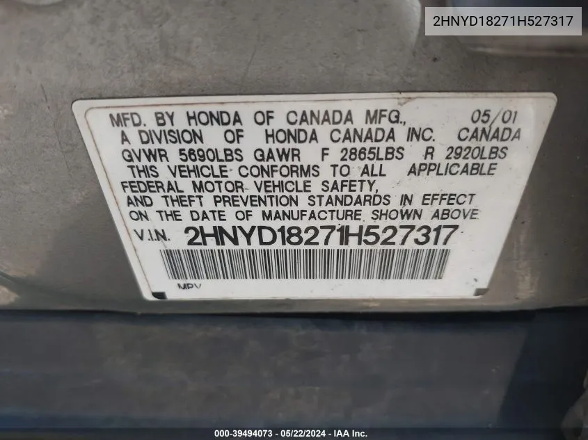 2HNYD18271H527317 2001 Acura Mdx