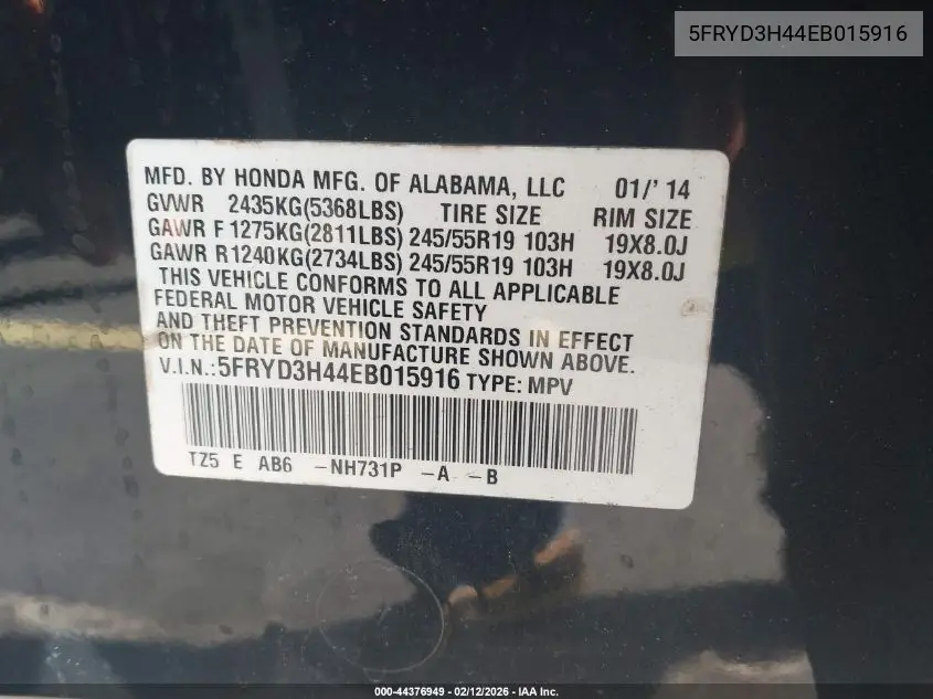 2014 Acura Mdx Technology Package VIN: 5FRYD3H44EB015916 Lot: 44376949