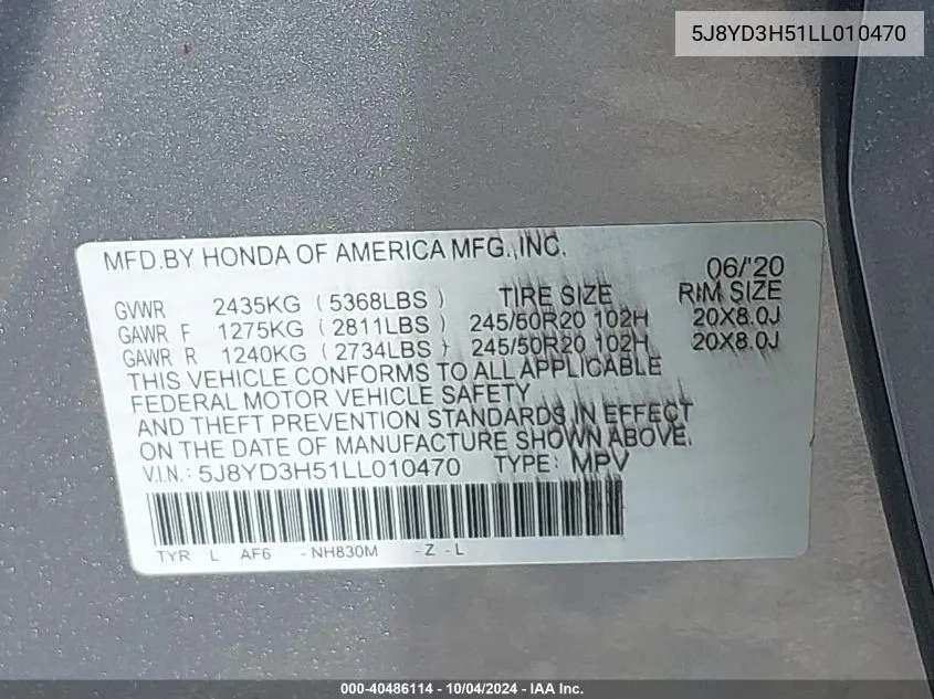 5J8YD3H51LL010470 2020 Acura Mdx Technology Package