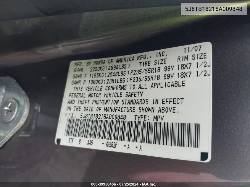 5J8TB18218A009848 2008 Acura Rdx