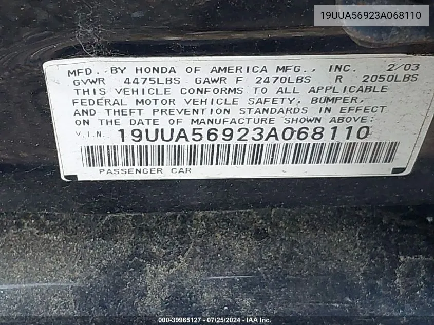 19UUA56923A068110 2003 Acura Tl 3.2 Type S