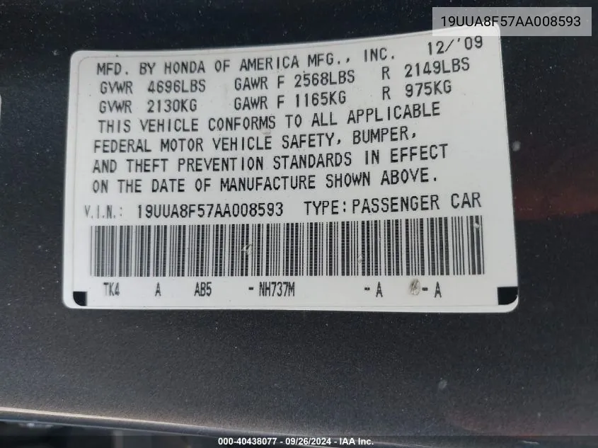 19UUA8F57AA008593 2010 Acura Tl 3.5