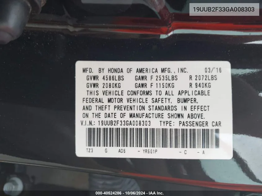 19UUB2F33GA008303 2016 Acura Tlx