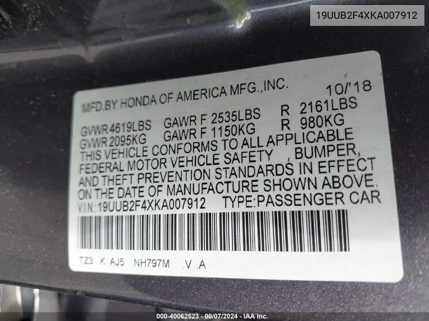 19UUB2F4XKA007912 2019 Acura Tlx Tech Pkg