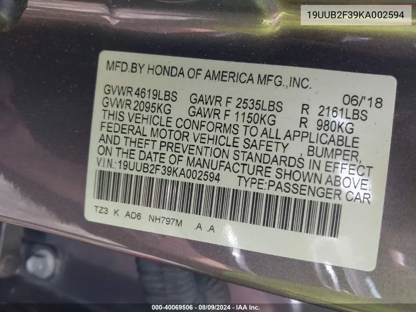 19UUB2F39KA002594 2019 Acura Tlx Standard