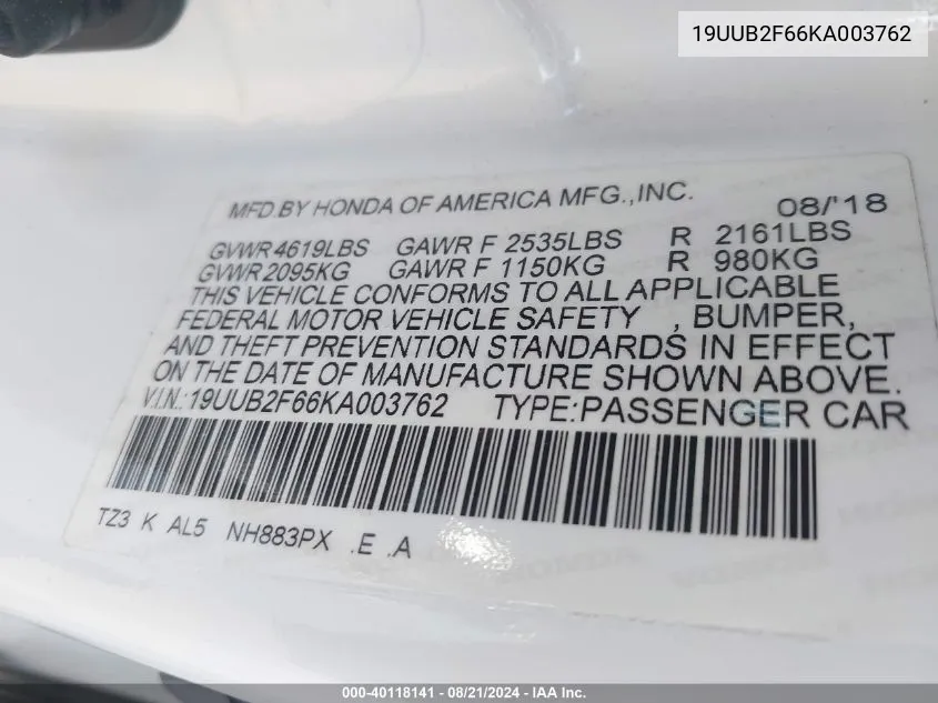 19UUB2F66KA003762 2019 Acura Tlx Technology/A-Spec