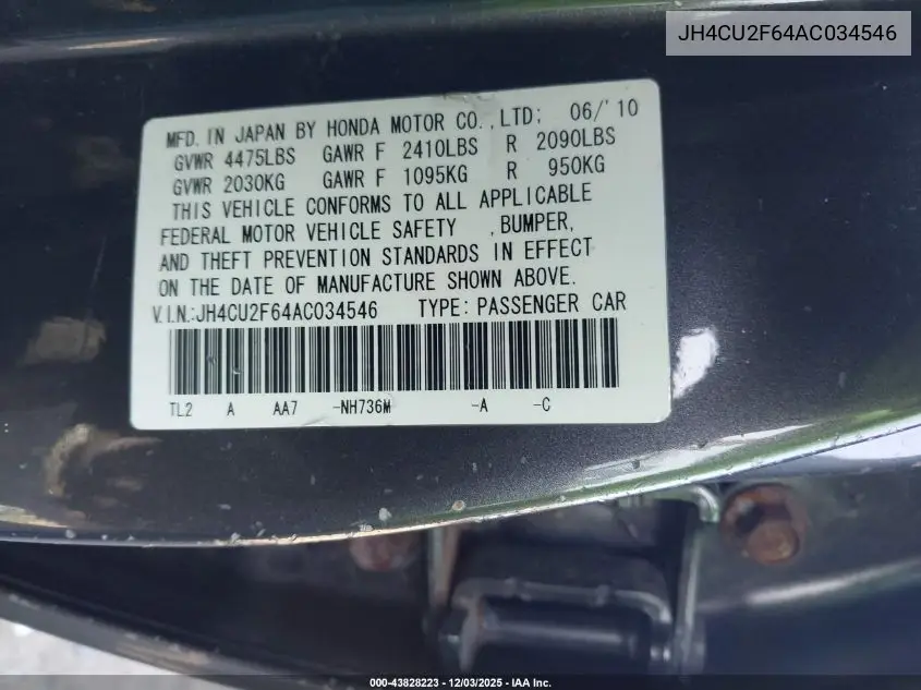 JH4CU2F64AC034546 2010 Acura Tsx 2.4