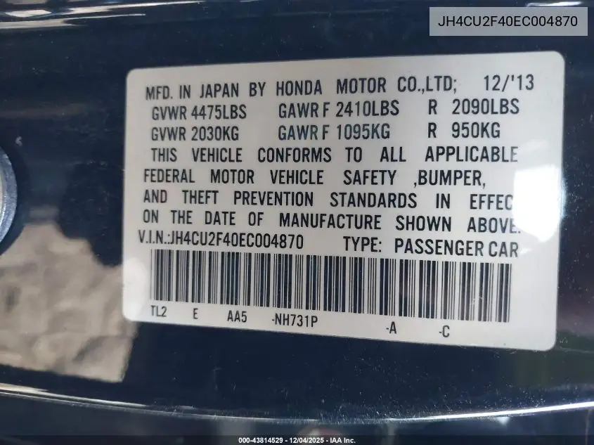 JH4CU2F40EC004870 2014 Acura Tsx 2.4