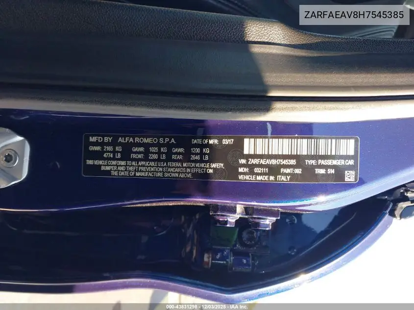 ZARFAEAV8H7545385 2017 Alfa Romeo Giulia Quadrifoglio Rwd