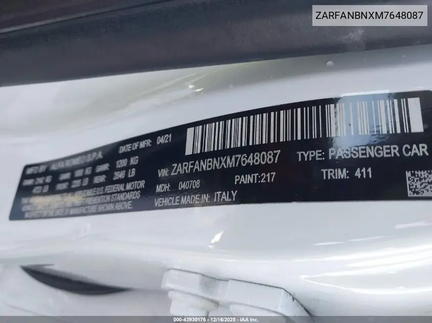 ZARFANBNXM7648087 2021 Alfa Romeo Giulia Ti Awd